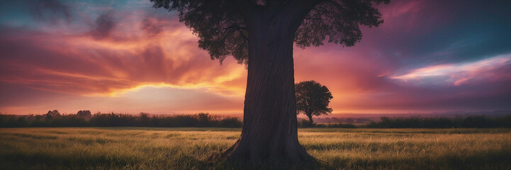 Wall Mural - Tree in Field Against Setting Sun