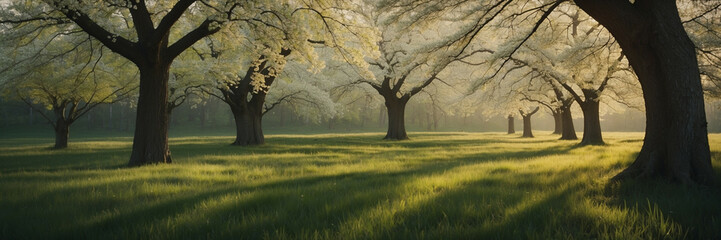 Wall Mural - Serene Spring Morning in a Meadow With Blooming Trees