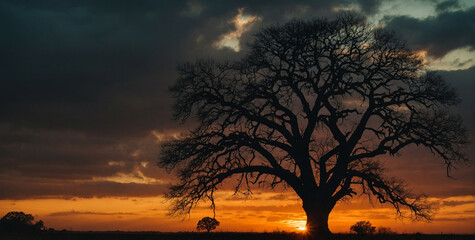 Wall Mural - Silhouetted Tree Against a Vivid Sunset Sky