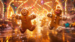 Holographic gingerbread men dancing merrily in a confectionary wonderland