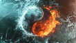 Background image with a Yin Yang inspired symbol using the contrasting colors blue and orange representing fire and ice.