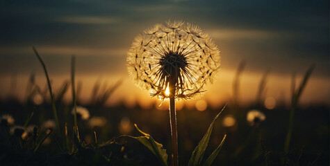 Wall Mural - Dandelion in Field at Sunset