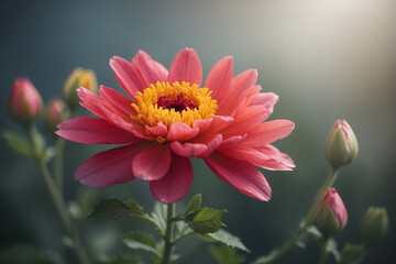 Wall Mural - A Single Pink Flower Blooms in the Soft Morning Light