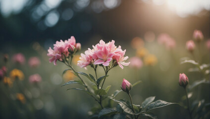 Wall Mural - Pink Flowers Blooming in Field