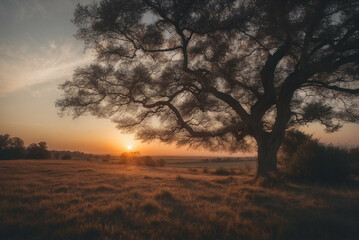 Wall Mural - The Sun Setting Behind a Tree in a Field