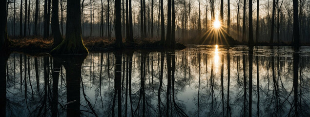 Wall Mural - Sun Shining Through Trees Over Water