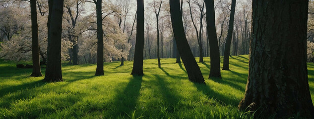 Wall Mural - Sun Shining Through Trees in Forest