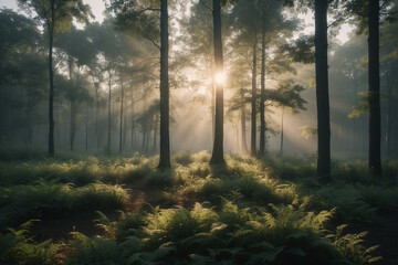 Wall Mural - Sun Shining Through Trees in a Forest