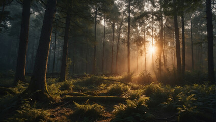Wall Mural - Sun Shining Through Trees in Forest