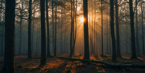 Wall Mural - Sun Shining Through Trees in Forest