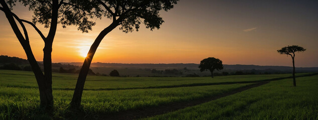 Poster - The Sun Sets Over a Grassy Field