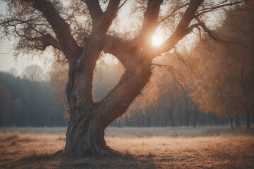 Wall Mural - The Sun Shining Through Trees in a Field