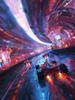 Neon Art of Formula 1 racers compete in a high-speed chase through a labyrinth of tunnels beneath a sprawling metropolis.
