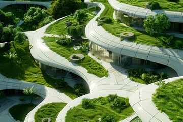 Architecture. environment and future with park in city for carbon footprint. eco friendly and futuristic. . grass and drone view with landscape for green. ecology and sustainability