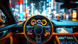 point of view from the driver of car. Steering wheel, speedometer and dashboard in a luxury sports car with a view of city at night