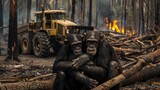 Fototapeta  - A family of chimpanzees hugged each other in a fire-ravaged forest, they were sad. Their homes quickly disappear to bulldozers and flames, environmental disaster, deforestation, Save animal wild