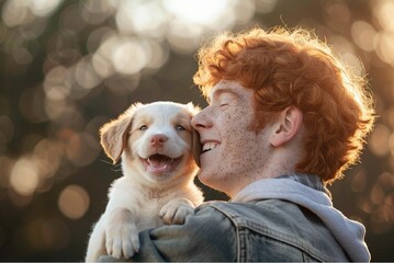Wall Mural - Waist up shot of caucasian young red haired male holds tightly labrador puppy, laughs sincerely, rejoices present from friend
