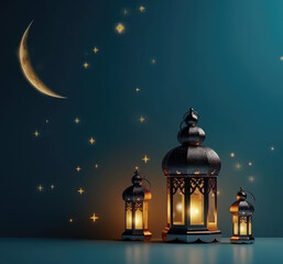 Wall Mural - Eid ul fitr, Ramadan Kareem,Eid al Adha, Eid Mubarak.Muslim symbolism with islamic lantern and crescent.Holiday card