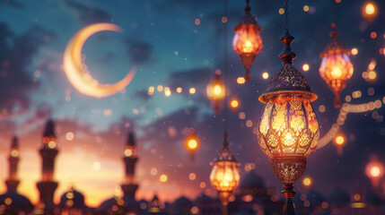 Wall Mural - Eid ul fitr, Ramadan Kareem,Eid al Adha, Eid Mubarak.Muslim symbolism with islamic lantern and crescent.Holiday card