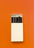 Fototapeta Koty - Black matches in a box on a orange background.