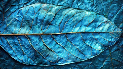 Wall Mural - Close up of blue tree leaf skeleton texture background with shining light through veins