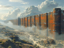 A Towering, Rusty Wall Extends Across A Desert Landscape With Flying Vehicles Patrolling The Sky.