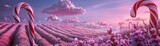 Fototapeta Lawenda - Whimsical Candy Cane Fields beneath a Moonlit Lavender Field Dreamy Cloud Cities floating above. Bright color