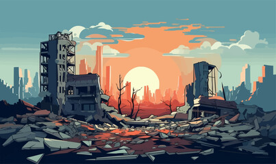 Wall Mural - destroyed city demolished buildings vector flat isolated illustration