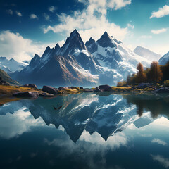 Poster - A mountain lake with a mirrored reflection of surreal environment