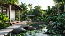 Gazebo In Villa With A Tranquil Pond With Lush Green Tropical Bush Plants And Lily Pads Floating On The Calm Water Surface, Creating A Serene Natural Getaway