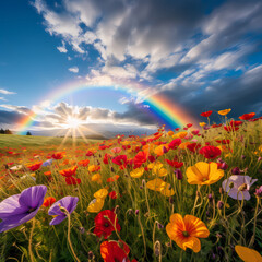 Poster - A rainbow over a field of wildflowers. 