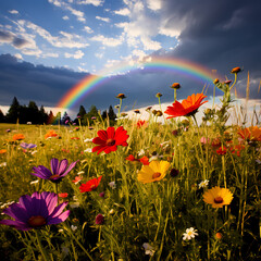 Poster - A rainbow over a field of wildflowers. 