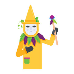 Poster - Person in carnival costume holding wand, flat icon 