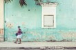 Vintage turquoise wall with peeling paint and a solitary figure walking by, reflecting the transient nature of urban decay
