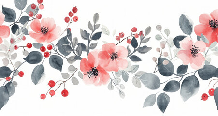 Wall Mural - Watercolor floral border with pink and gray flowers on a white background, illustration