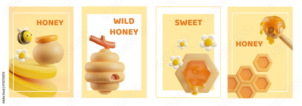 Honeycomb, honey dipper and jar, flowers, bee on 3D vector set ...