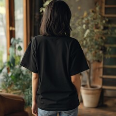 Wall Mural - A mockup of a woman from the back wearing a plain oversized T-shirt. T-shirt mockup photo with the natural and soft lighting.