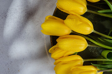 yellow tulips on a tray