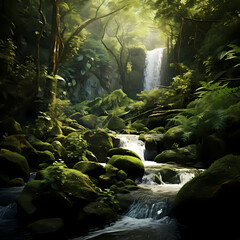 Sticker - A tranquil waterfall in a lush green forest.