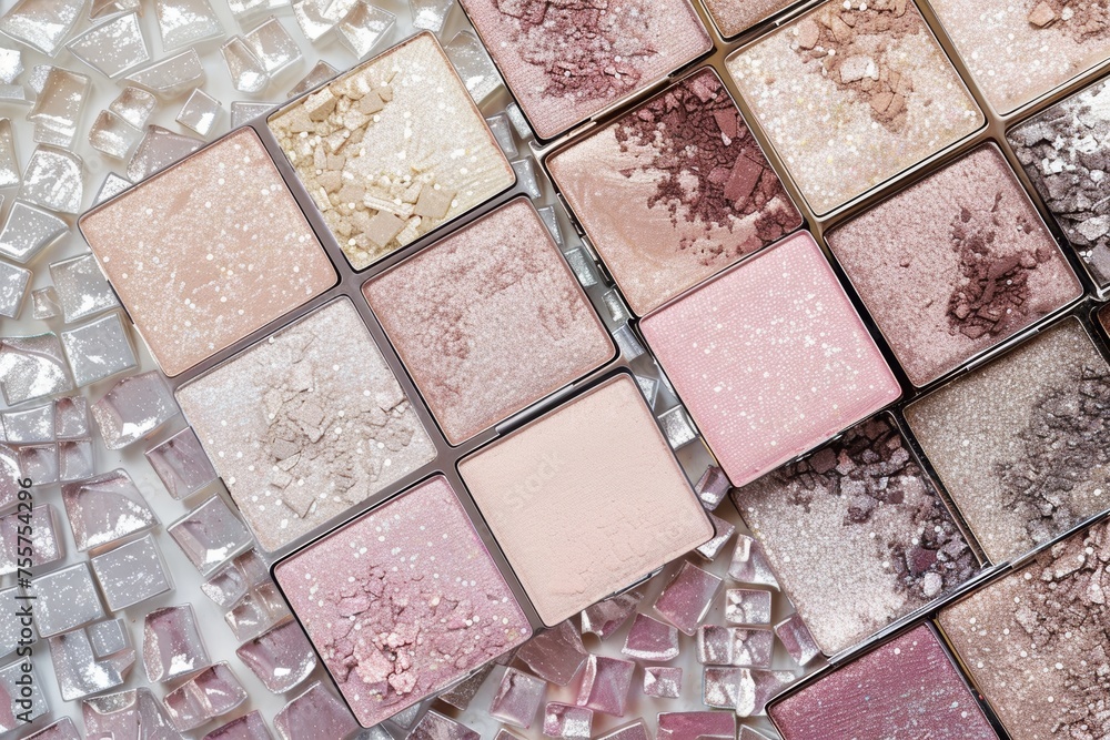 Elegant background with a mosaic of square eye shadow palettes in soft ...