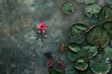Lotus Flower In Pond From Above Fine Art. Water Lily On Dark Paint Canvas Texture Top View Wallpaper. Japanese Zen Garden Landscape. Vintage Botanical Background.