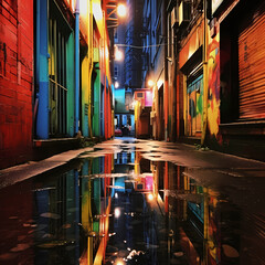 Wall Mural - Abstract reflections in a rain-soaked alley. 