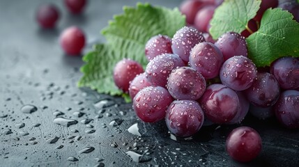 Wall Mural - Bunch of fresh red grapes with water droplets on dark background. Luscious red grapes with refreshing water drops for healthy snacking. Vibrant grape bunch with droplets showcasing natural juiciness.