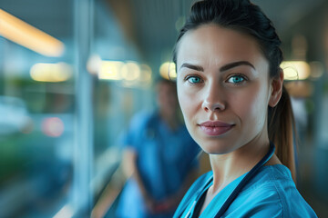 Wall Mural - A portrait of a female health care medical worker, blurred background, motion blur, long exposure, bokeh. Created with Generative AI technology.