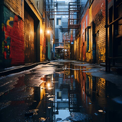 Canvas Print - Abstract reflections in a rain-soaked alley. 