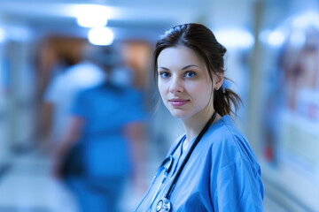 Wall Mural - A portrait of a female health care medical worker, blurred background, motion blur, long exposure, bokeh. Created with Generative AI technology.