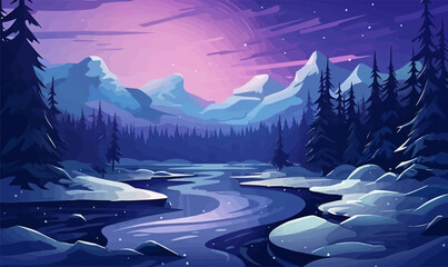 Wall Mural - snowy landscape with aurora borealis vector simple isolated illustration