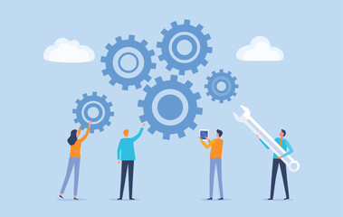 Poster - Flat vector illustration design Business process concept and business team working meeting for project brainstorming with developer creative planning management concept
