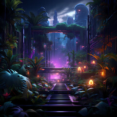 Canvas Print - Cybernetic jungle with neon-lit plants. 