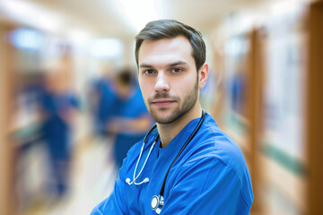 Wall Mural - A portrait of a male health care medical worker, blurred background, motion blur, long exposure, bokeh. Created with Generative AI technology.